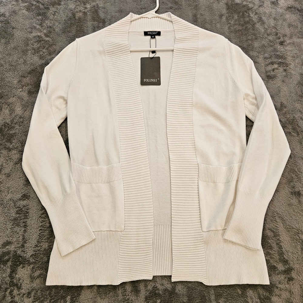 Folunsi Womens Cream White Open Front Ribbed Knit Cardigan Sweater Size M NWT